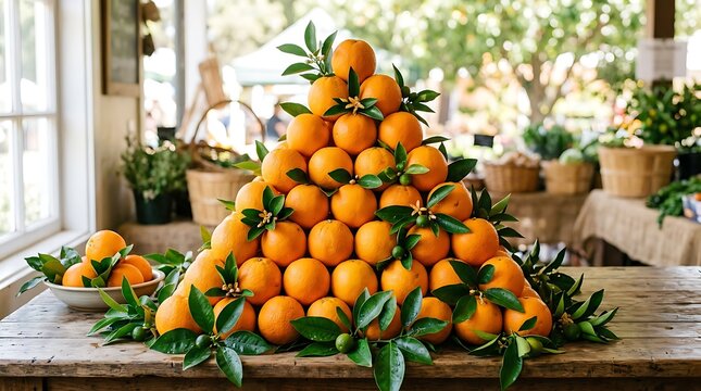 Pyramid of Fresh Oranges with Green Leaves Displayed on Wooden Table