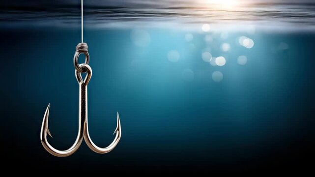 Fishing hook hanging in water during sunrise in a calm river environment