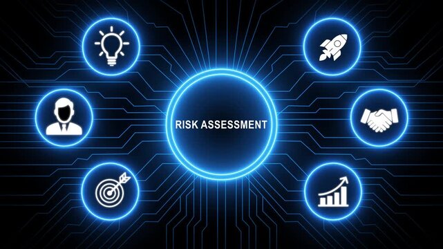 A glowing neon risk assessment system concept surrounded by smaller icons for ai and manufacturing process management, Motion graphics of learning concept
