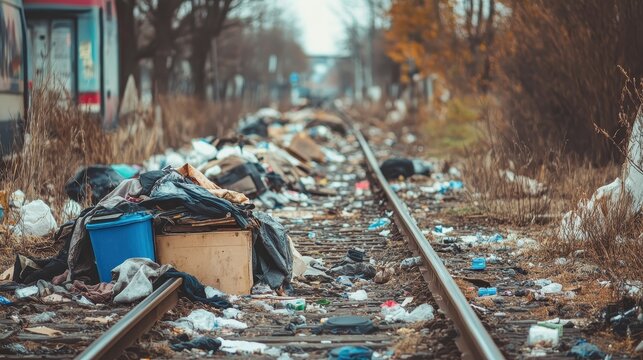 Makeshift homeless encampment along a littered train track with discarded items and shelters, a stark urban scene.
