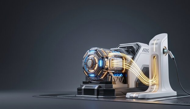 Futuristic 3D render of solid state battery charging hub with copy space