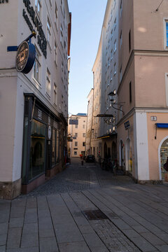 Getreidegasse is a busy shopping street in the historic Altstadt of Salzburg, Austria