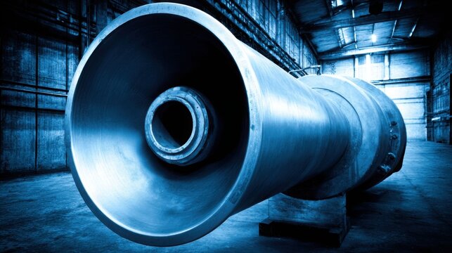 Industrial high frequency transmission antenna element with metallic tubing in a dark, blue-toned factory setting