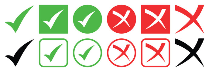 Check tick mark icon set. Cross box x check mark checkbox list vector draw hand drawn sketch doodle brush marker checklist symbol wrong right circle. Vector Illustration.  © Creative Vector