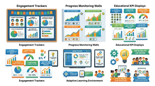 Collection of educational data visualization dashboards and performance monitoring tools for student engagement and learning analytics.