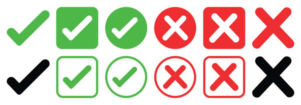Check tick mark icon set. Cross box x check mark checkbox list vector draw hand drawn sketch doodle brush marker checklist symbol wrong right circle. Vector Illustration. 