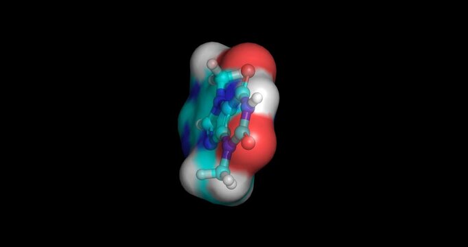 Theobromine, tea xanthine alkaloid molecule for cardiovascular stimulation and smooth muscle relaxation, 3D molecule spinning, 4K