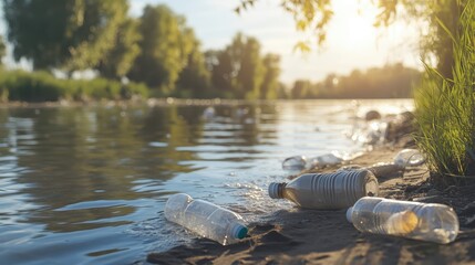 Obraz premium Plastic bottle pollution floating near the tranquil shore of a quiet lake, highlighting environmental degradation