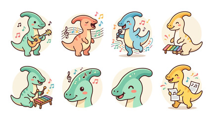 Naklejka premium Dinosaur friends play music instruments in a joyful colorful scene