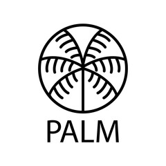 Logo agencia de viajes. Vacaciones de verano. Palabra PALM con dibujo minimalista con lineas de un círculo con unas hojas de una palmera en su interior  © teracreonte