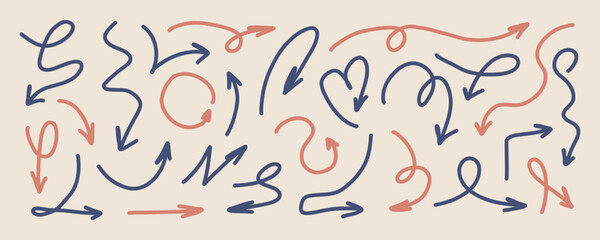 Obraz premium Set of hand drawn curved arrows swirl lines and directional doodles in pastel colors isolated on light background