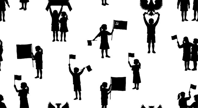 Silhouette crowd holding various protest signs together in unity.