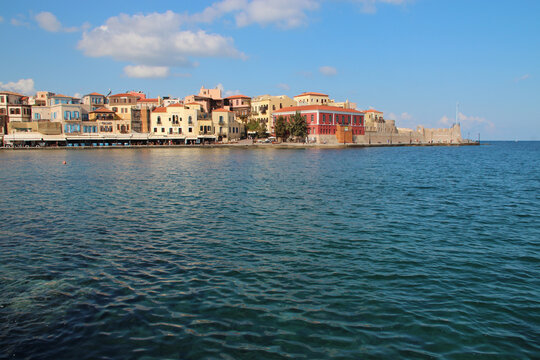 mediterranean sea and buildings in chania in crete in greece 