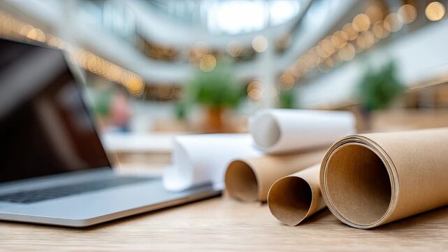 Creative workspace shows laptop, rolled paper, and design materials in a bright indoor setting during daytime