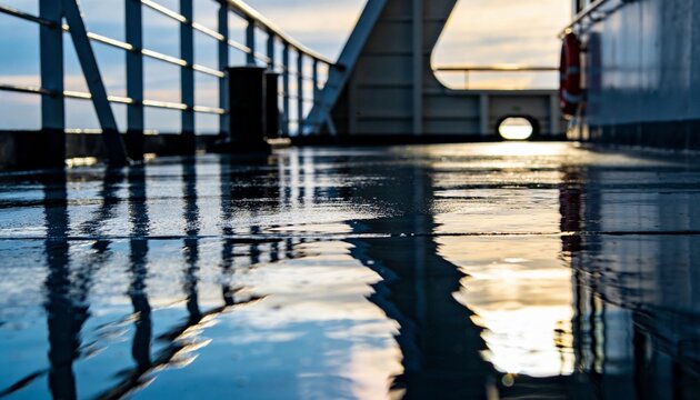 Leading wet ship deck with puddles mirroring railings to hatch at sea, showing lifebuoy, bulkhead