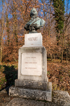 Bronze bust statue of Amadeus Wolfgang Mozart in Salzburg, Austria.