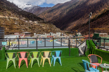 View of moutains from a terrace in Siguniangshan town in Sichuan province, China