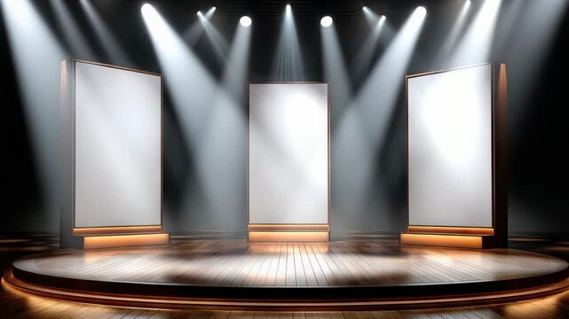 Light shines on empty display boards in a stage setup, creating a focus on the space for a future event presentation or showcase in a dark room
