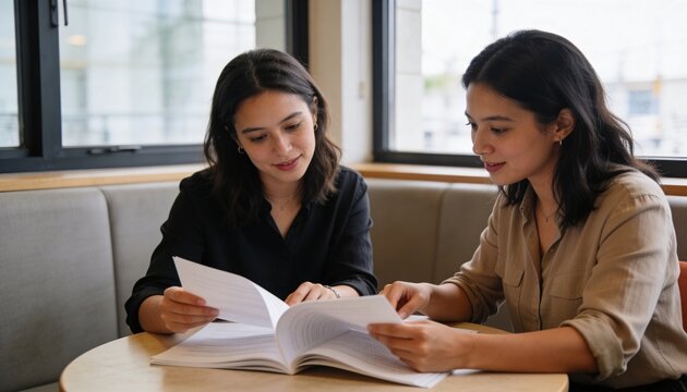 Studying pair reviewing binder pages at round wooden table by large windows, black and beige shirts