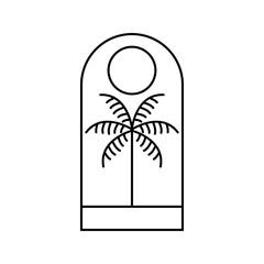 Logo agencia de viajes. Vacaciones de verano. Dibujo minimalista con líneas de una palmera en el horizonte, con un sol en el cielo, en un marco con círculo  © teracreonte