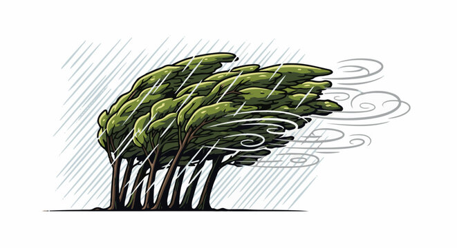 Trees bend under strong winds and heavy rain, showing nature's power