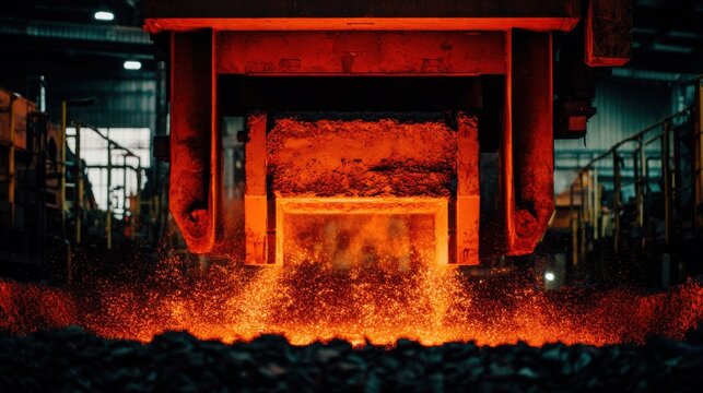 Intense hydraulic press powerfully crushes glowing scrap metal in industrial recycling process