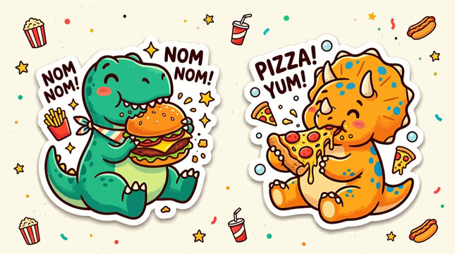 Dinosaurs eating pizza and burgers in a fun party scene with snacks