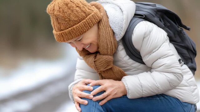 Woman sits by a trail holding her knee in pain during a winter hike in the woods while wearing a warm hat and coat
