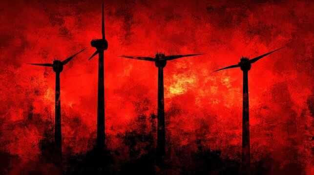 Silhouetted Wind Turbines Against a Dramatic Red and Orange Sky, Symbolizing Renewable Energy and Environmental Combat