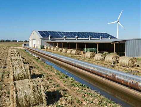 Solar panels and wind turbine beside hay bales and irrigation canal