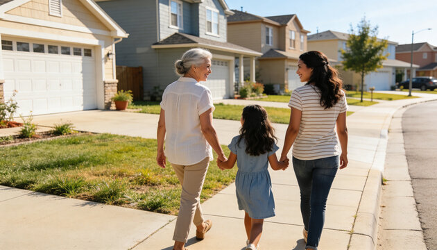 Walking three-generation family holding hands down sunny sidewalk, passing homes and garages