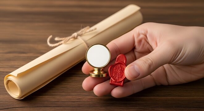 Hand holding a wax seal stamp and scroll on a wooden desk for notary