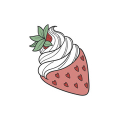 A cartoon illustration of a strawberry topped with whipped cream and a mint leaf, adorned with small heart patterns. © Sc