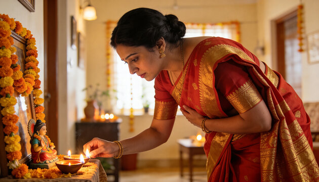 Adjusting Indian woman in red silk saree lighting diya on home altar, marigolds and deity