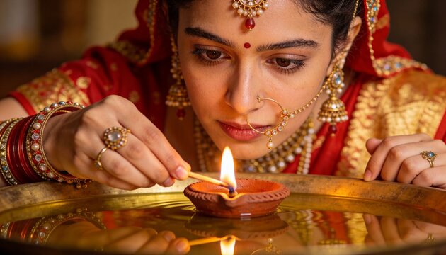 Lighting woman in red-gold sari leaning over brass tray during ritual, holding clay diya and match