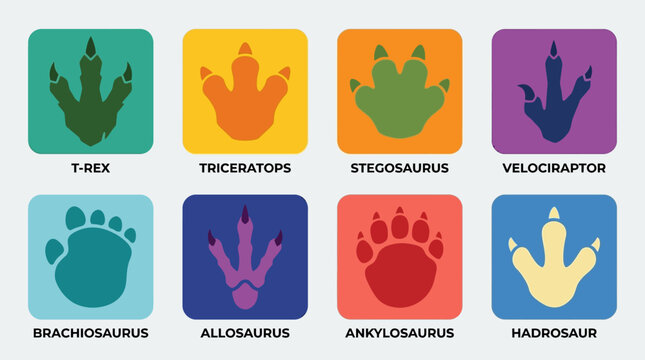 Colorful dinosaur footprints and handprints on display
