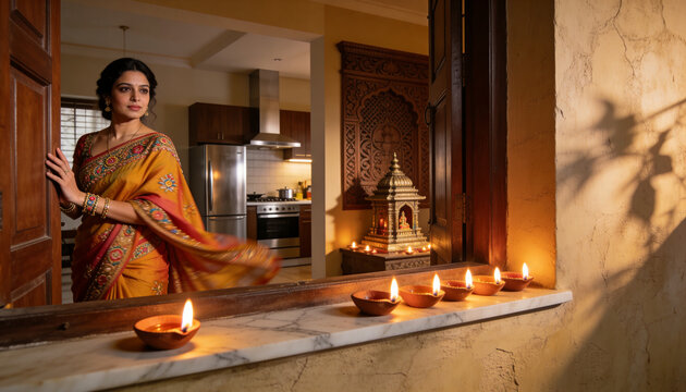 Standing Indian woman wearing mustard sari, placing diyas on marble sill near shrine, copy space