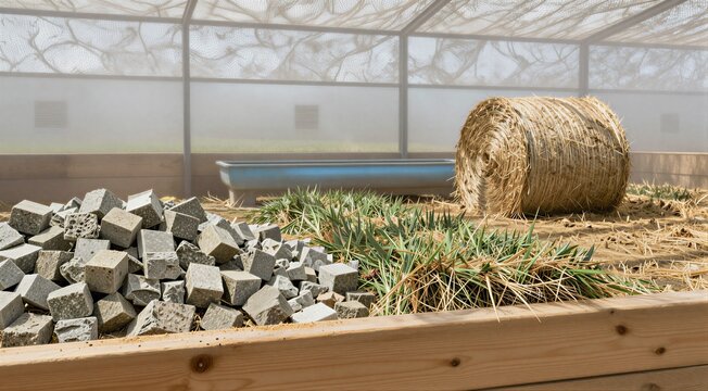 Hay bale and stone blocks inside foggy greenhouse enclosure