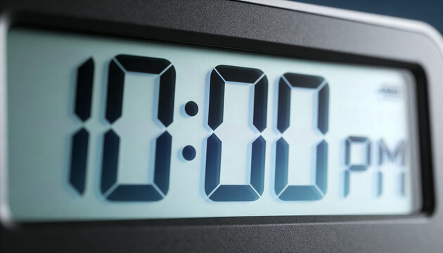 Displaying digital alarm clock reading 10:00 PM with seven-segment digits at bedside, gray bezel