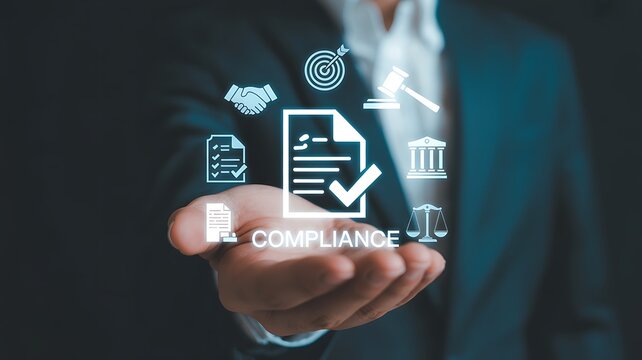 Achieve regulatory compliance with a digital interface showcasing a checklist, target, and legal gavel to ensure business standards