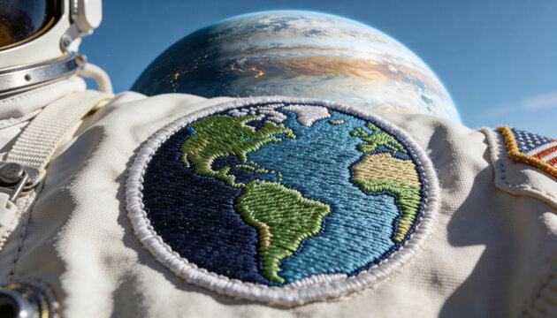 Showing astronaut torso in spacesuit floating in orbit, displaying Earth patch and American flag