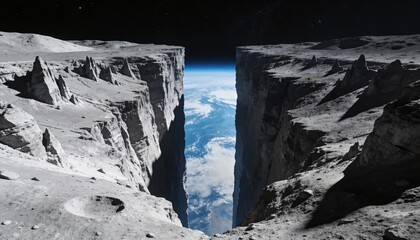 Revealing vertical canyon opening to blue planet view from crater rim, with jagged rock pinnacles