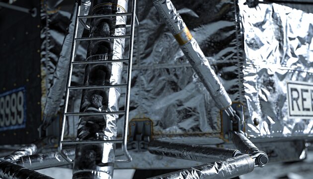 Showing metal subassembly undergoing inspection in clean room, with ladder-like rung, clevis joints