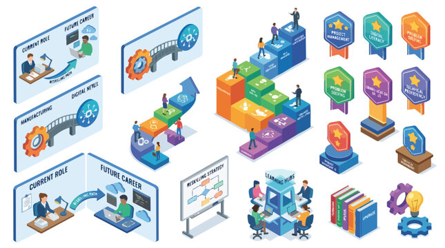 Isometric Career Growth and Professional Development Illustration Set for Business Success.