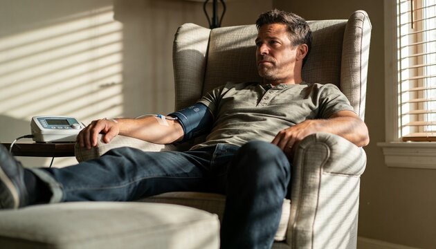 Reclining man in gray-green henley having blood pressure taken in living room with cuff and monitor