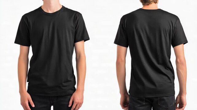 Overview of black t-shirt design showing front and back views of a fitted shirt with no graphic designs, suitable for casual wear or uniforms