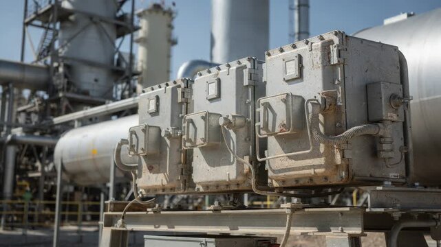 Medium shot focusing on weatherresistant explosionproof electrical equipment mounted near processing units under bright daylight conditions