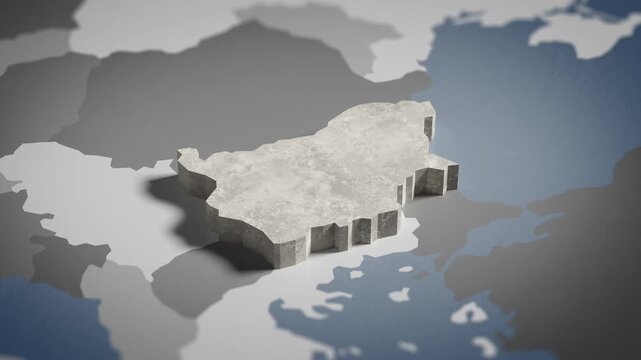 World map animation Birds eye view above Bulgaria, Bulgarian, Sofia, Europe with highlighted country borders. Cinematic 3d world map animation highlights aerial views, 4k Video