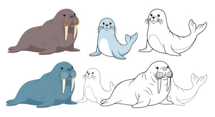 Cartoon walruses in different colors. © Wijil
