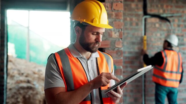 Typing, contractor or man with tablet on construction site, progress report or building material order. Review, smile or person with daily log for infrastructure update, tech or safety check record